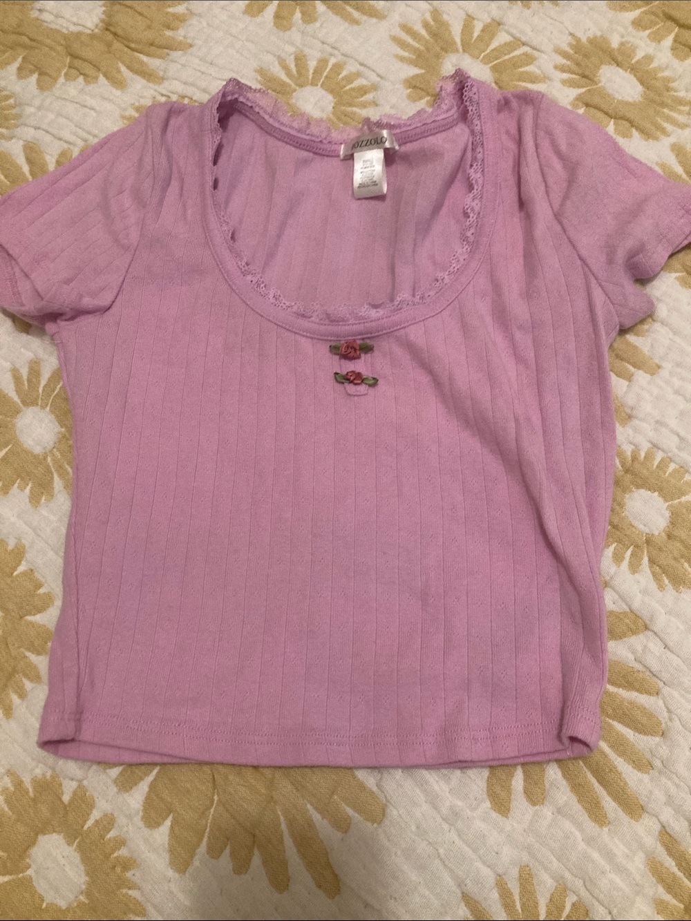 Bozzolo Lilac Ribbed Scoop Neck Crop Top with Rose Embroidery
